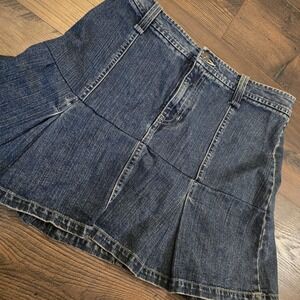Vtg Y2K Denim low rise Mini Flare denim‎ Jean pleated Mini Skirt M i.e. Relaxed